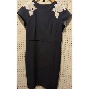 Ann Taylor Embroidered Floral Pencil Dress Size 10 Blue White Short Sleeve